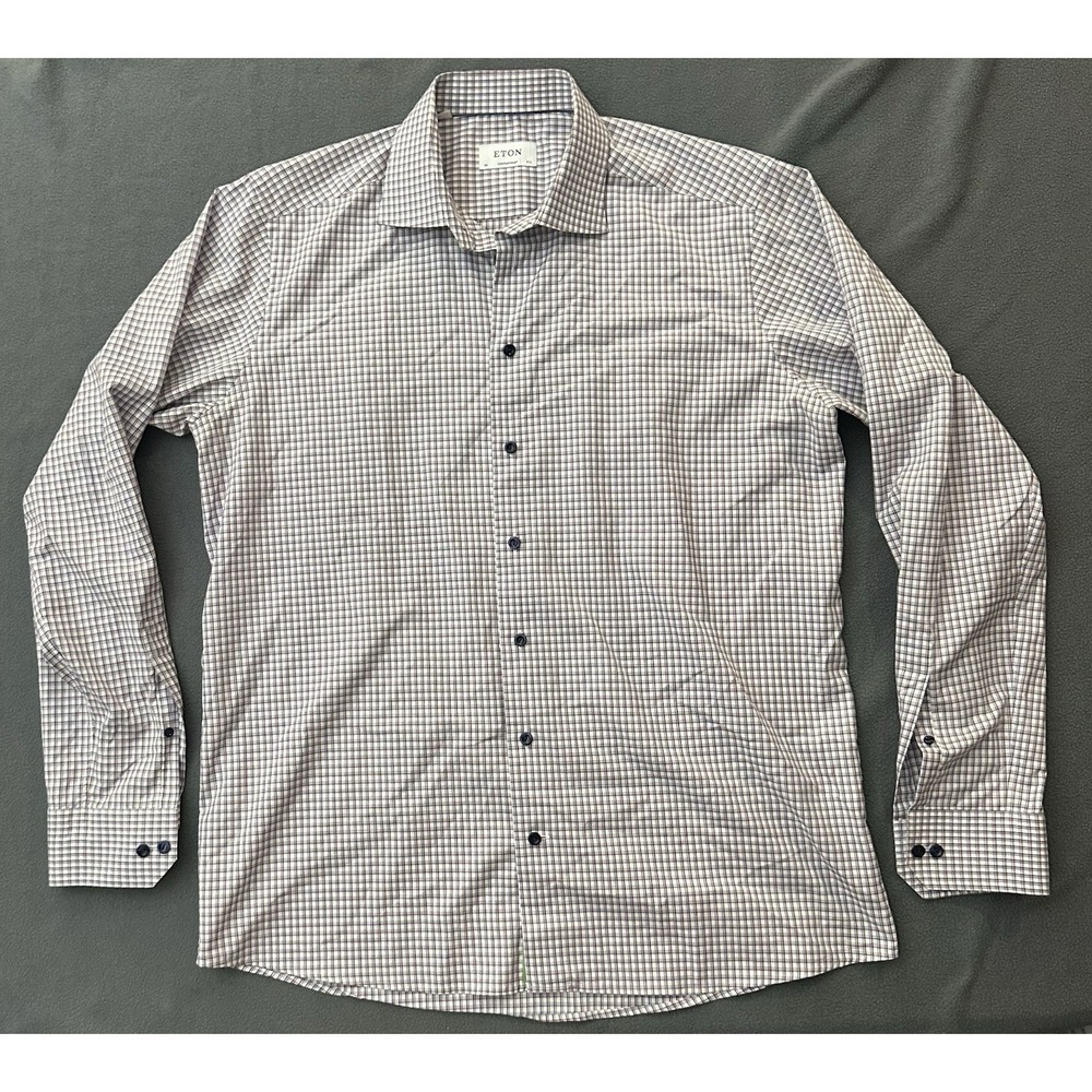 Eton Contemporary Shirt Mens 44 17.5 Button Up Long Sleeve Blue Plaid Check